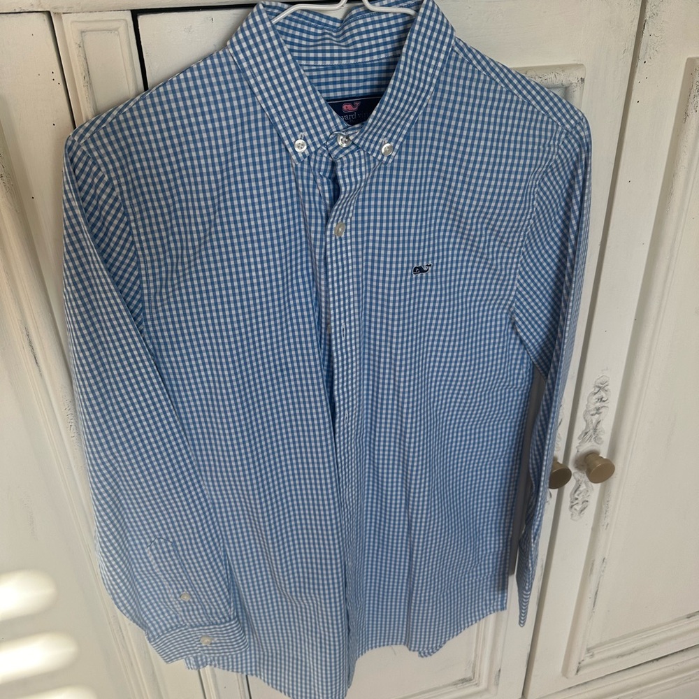 Vineyard Vines Boys Sz Medium 12 Blue Check LS Buttoned Rockridge Whale Shirt